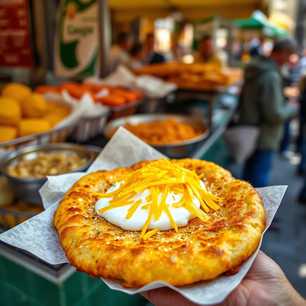 Lángos (Pan Frito Húngaro con Crema) de Cerca
