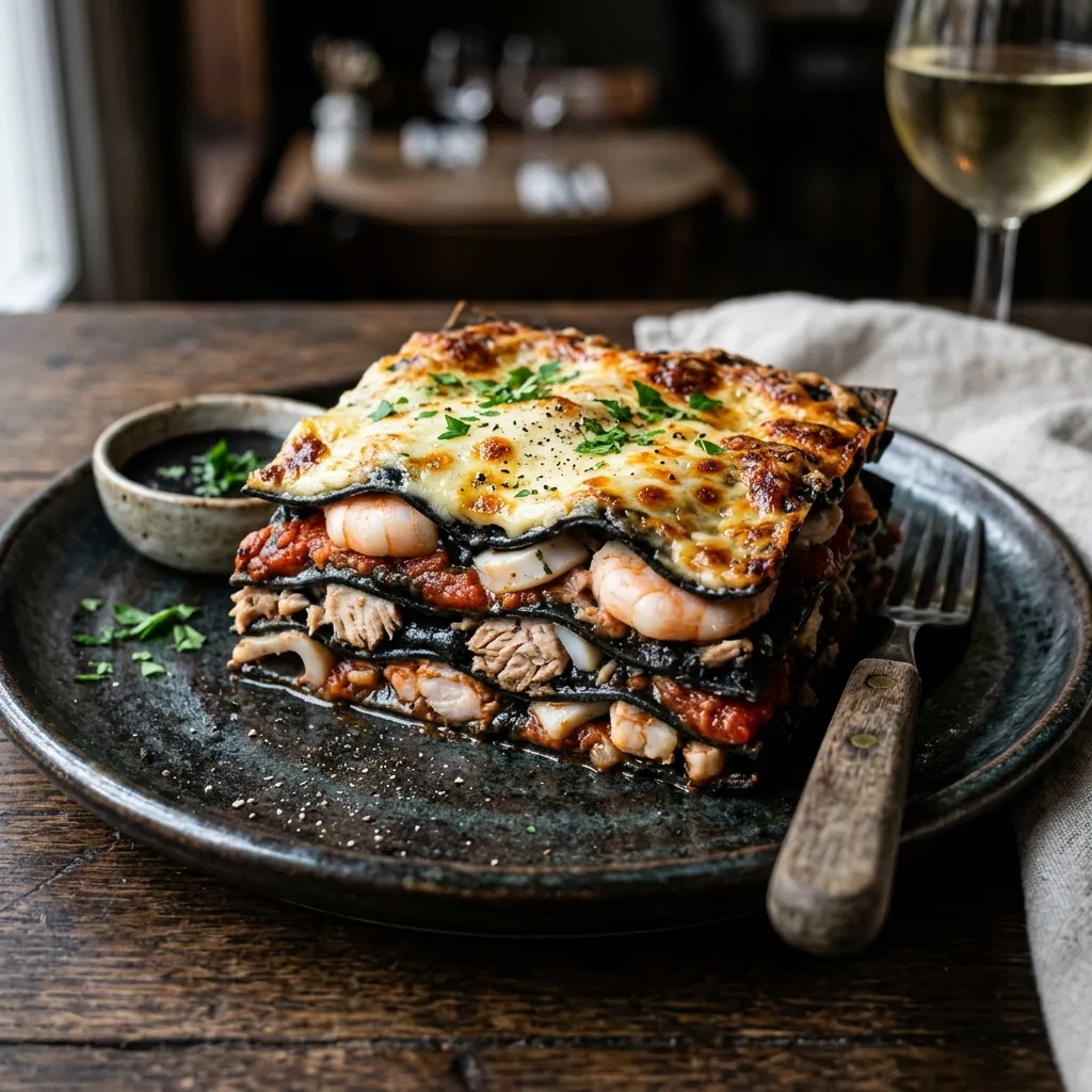 Lasaña Negra de Mariscos