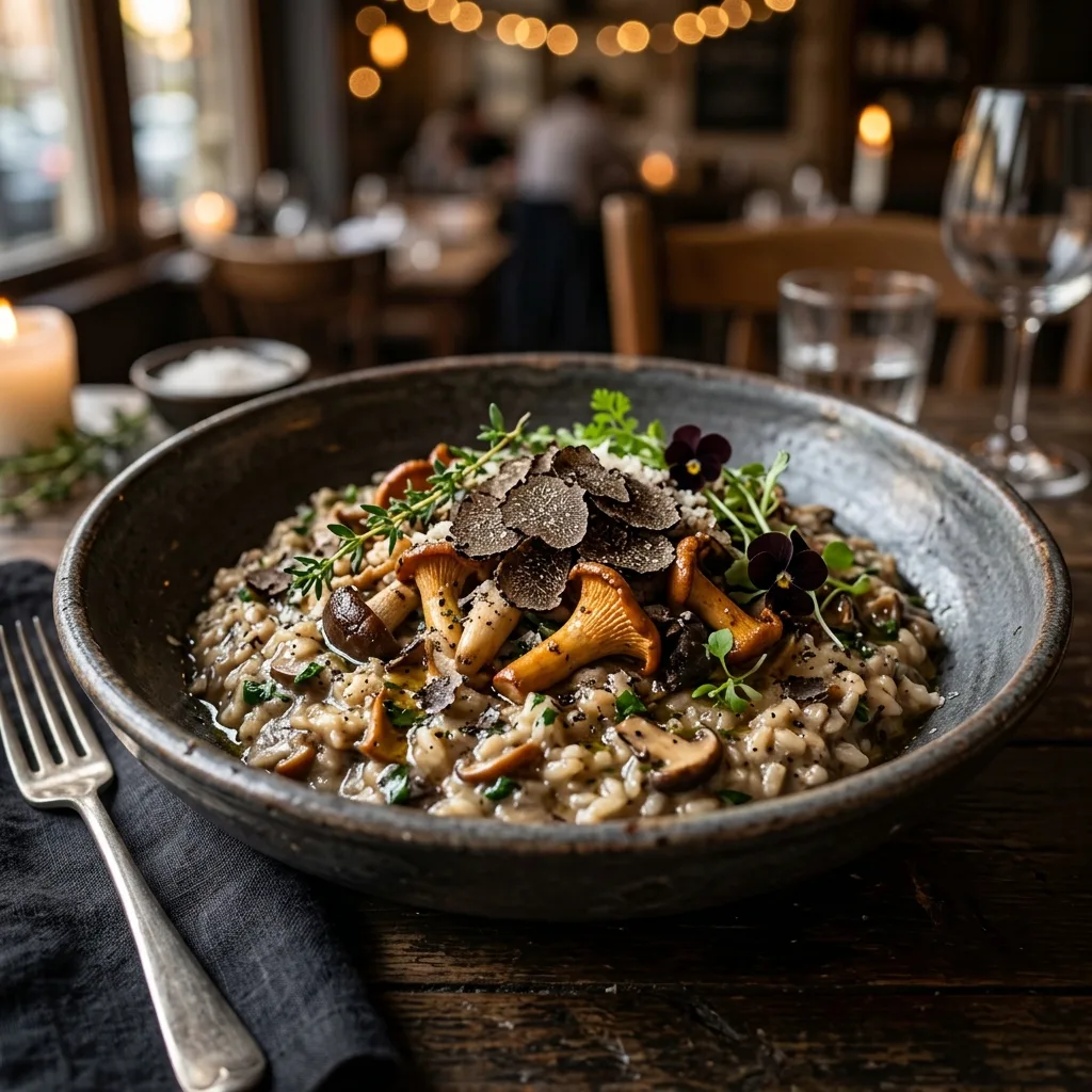 Risotto de setas silvestres y trufa negra perfectamente emplatado