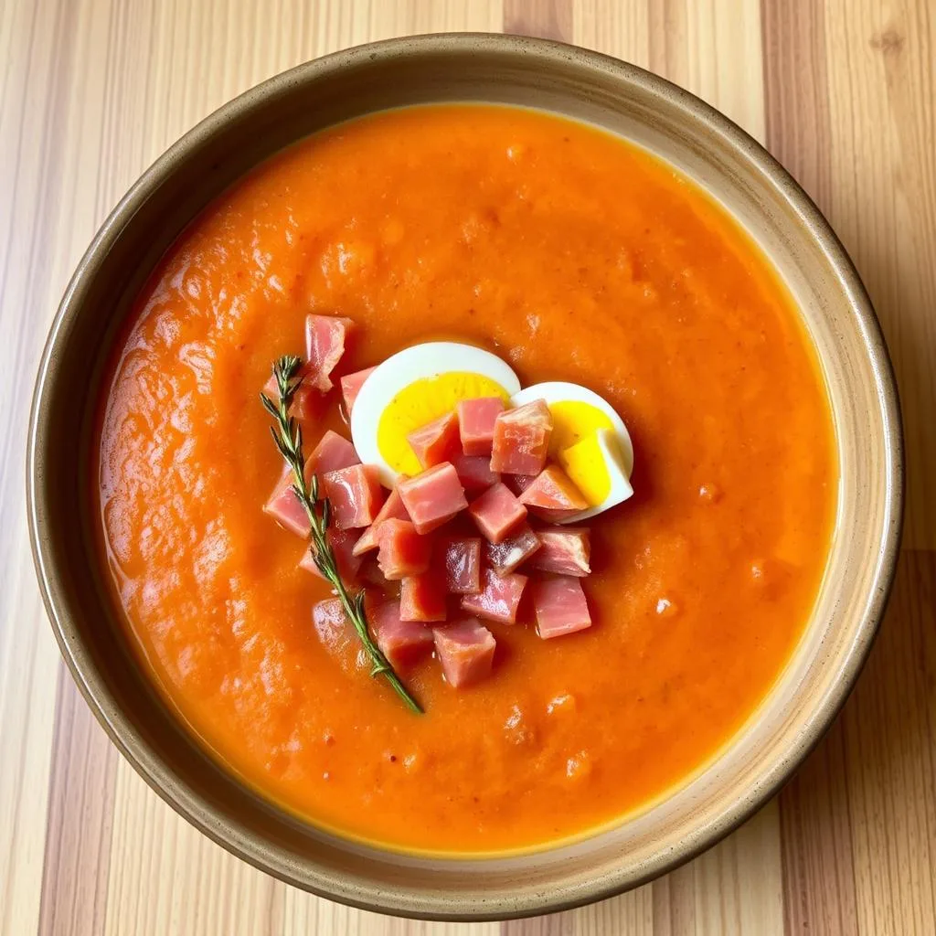 Salmorejo Cordobés con Jamón e Hilo de Aceite de Cerca