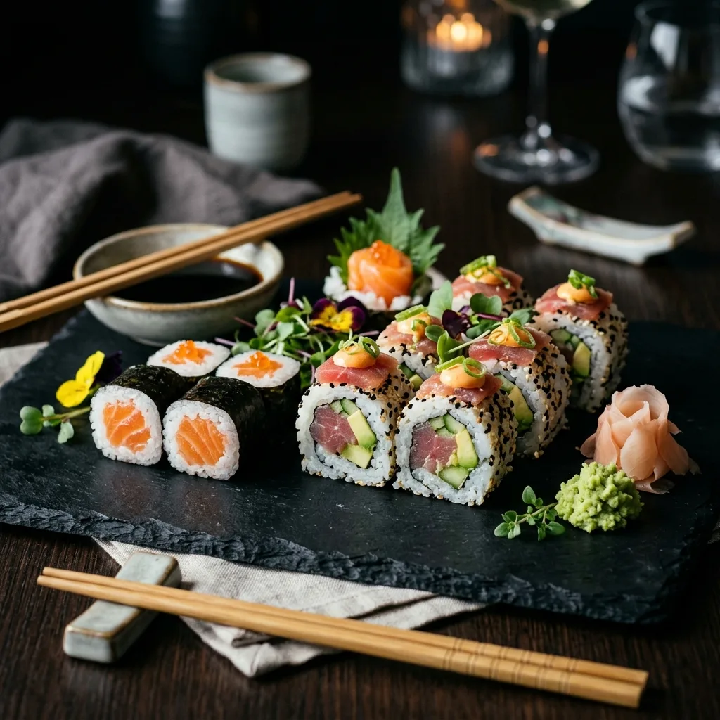 Deliciosa selección gourmet de Sushi Rolls: Salmon Maki y Uramaki con aguacate y sésamo